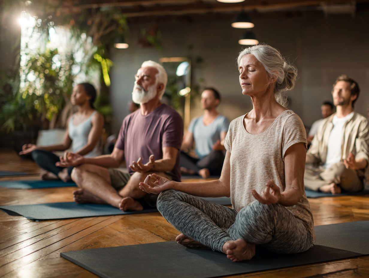 Skupina ľudí rôzneho veku praktizujúca jógu v pokojnom prostredí
